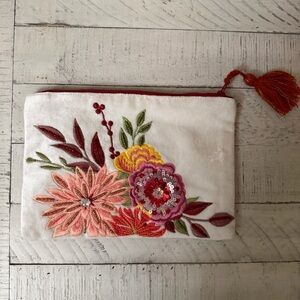 Two’s Company Floral Embroidered White Makeup Pouch
